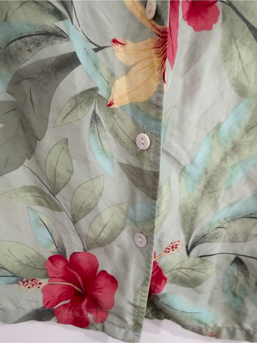 Linden Light Sage 100% Silk Shirt with Red & Yellow Floral Accents - Picture 3 of 7